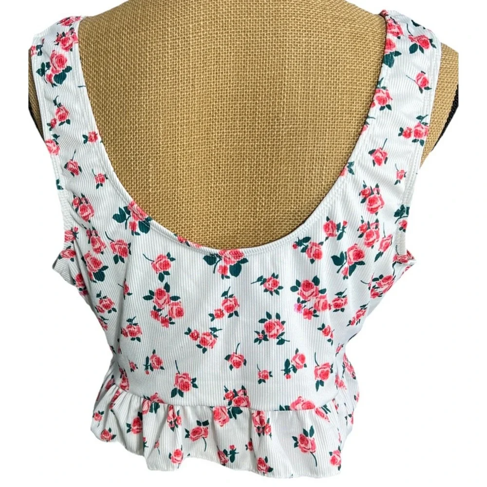 Womens 2XL Floral Ribbed Tankini Top White Pink Peplum Plus Size Swimwear